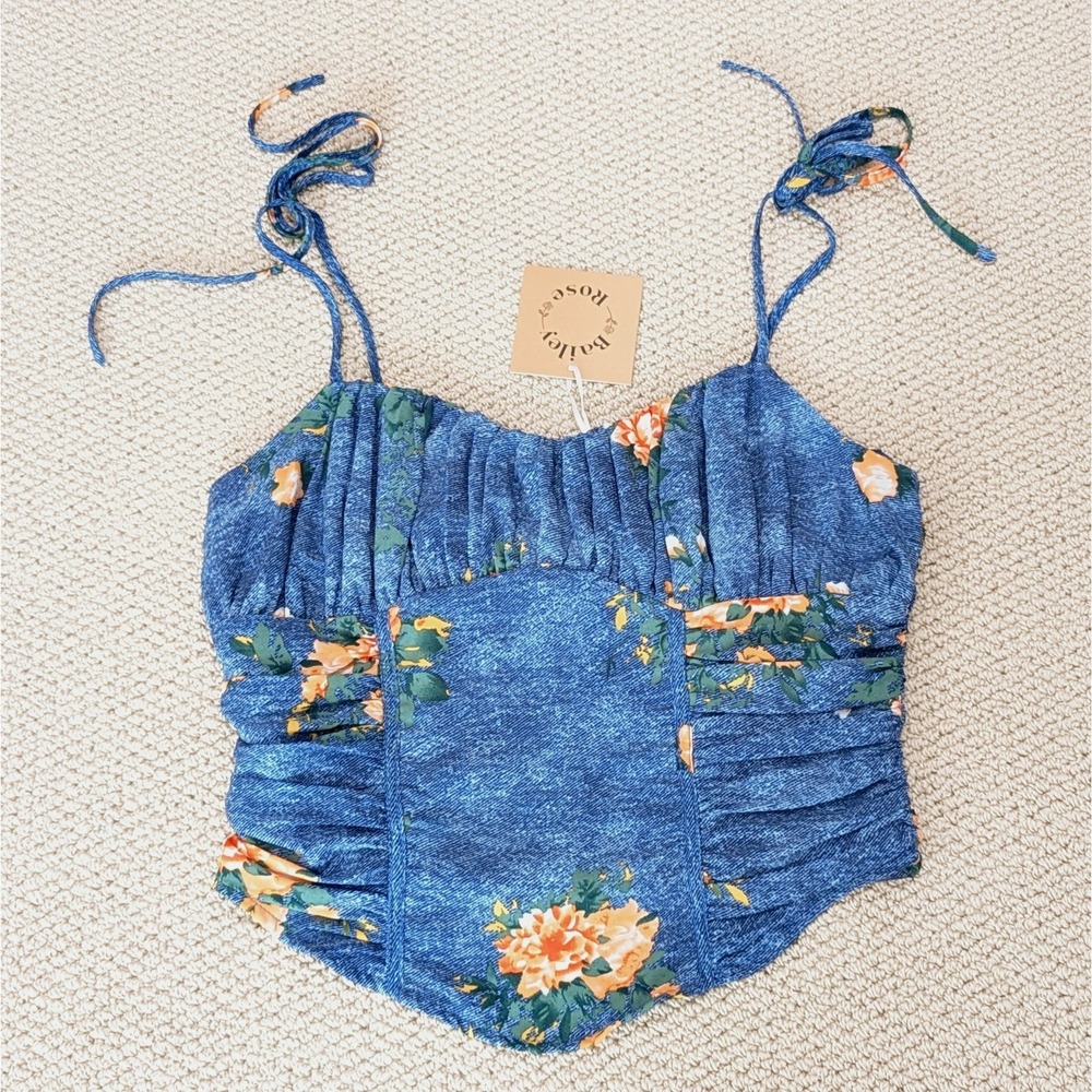 New Corset Top By Bailey Rose Size‎ Medium Shoulder Ties Shirred Floral Coquette